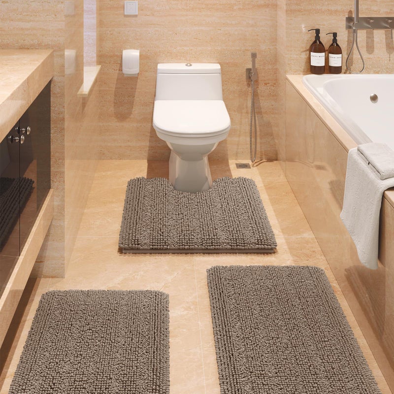 ACCUMTEK Striped Ultra Soft Bathroom Rugs and Mats Set 3 Pieces Bath Mat Set Dark Beige, Thick Chenille Bath Rugs Non Slip Bath Mats for Bathroom, Kitchen - Image 1
