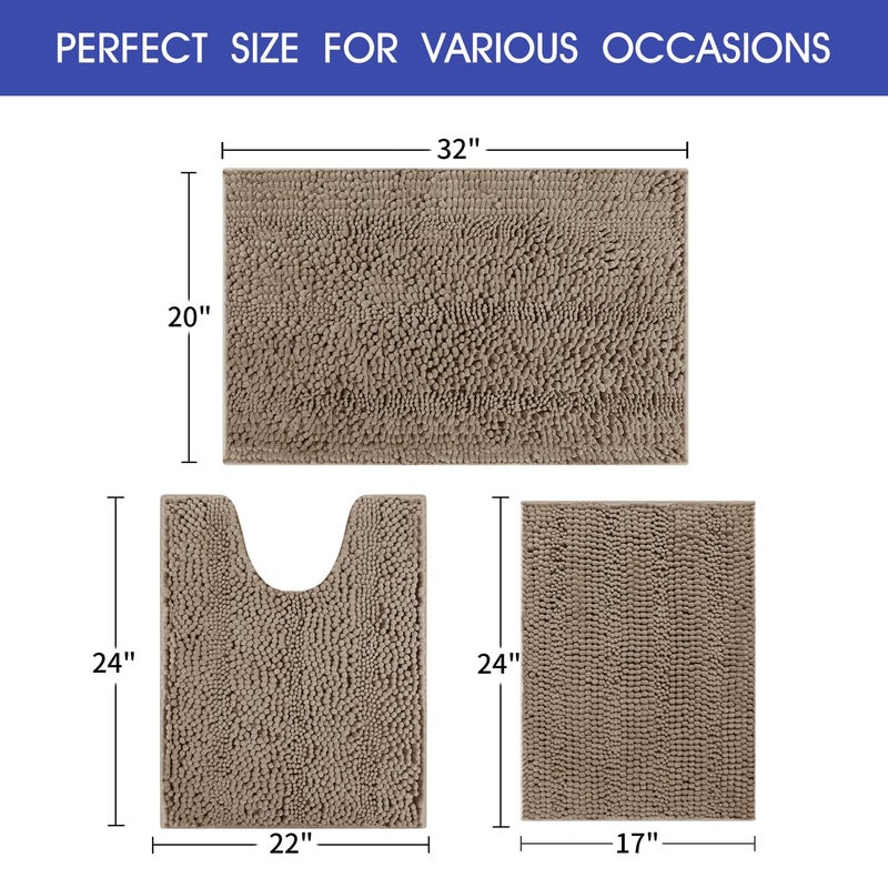 ACCUMTEK Striped Ultra Soft Bathroom Rugs and Mats Set 3 Pieces Bath Mat Set Dark Beige, Thick Chenille Bath Rugs Non Slip Bath Mats for Bathroom, Kitchen - Image 5