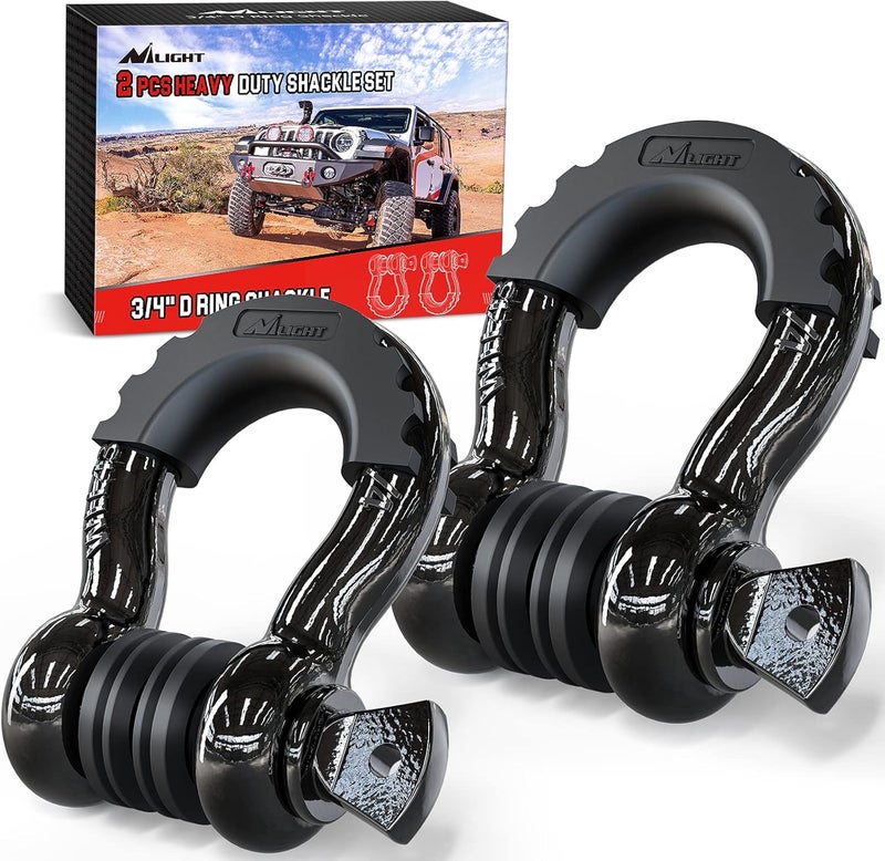 Nilight - 90052B 2 Pack 3/4" D-Ring Shackle 4.75 Ton (9500 Lbs) Capacity with 7/8" Pin Heavy Duty Off Road Recovery Shackle with Isolators & Washer Kit for Jeep Truck Vehicle - Image 1