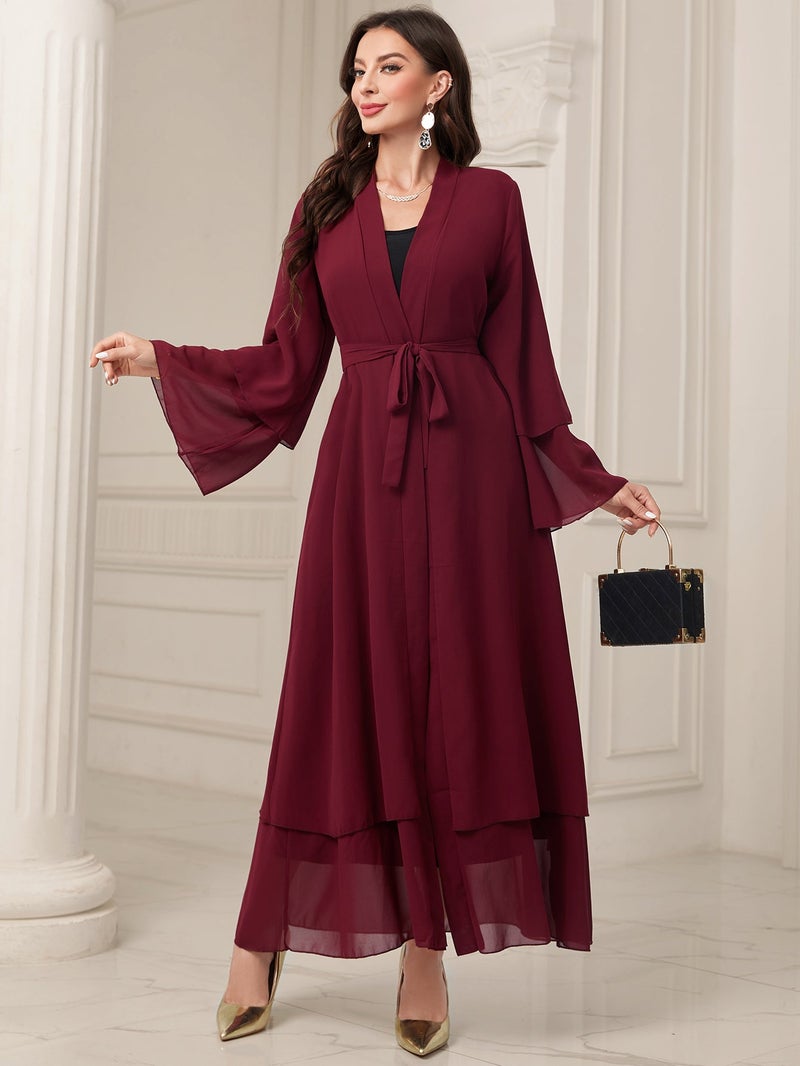 MSL4 Modest Abaya Double-Layer Chiffon Belted Open Front Ramadan - Image 1