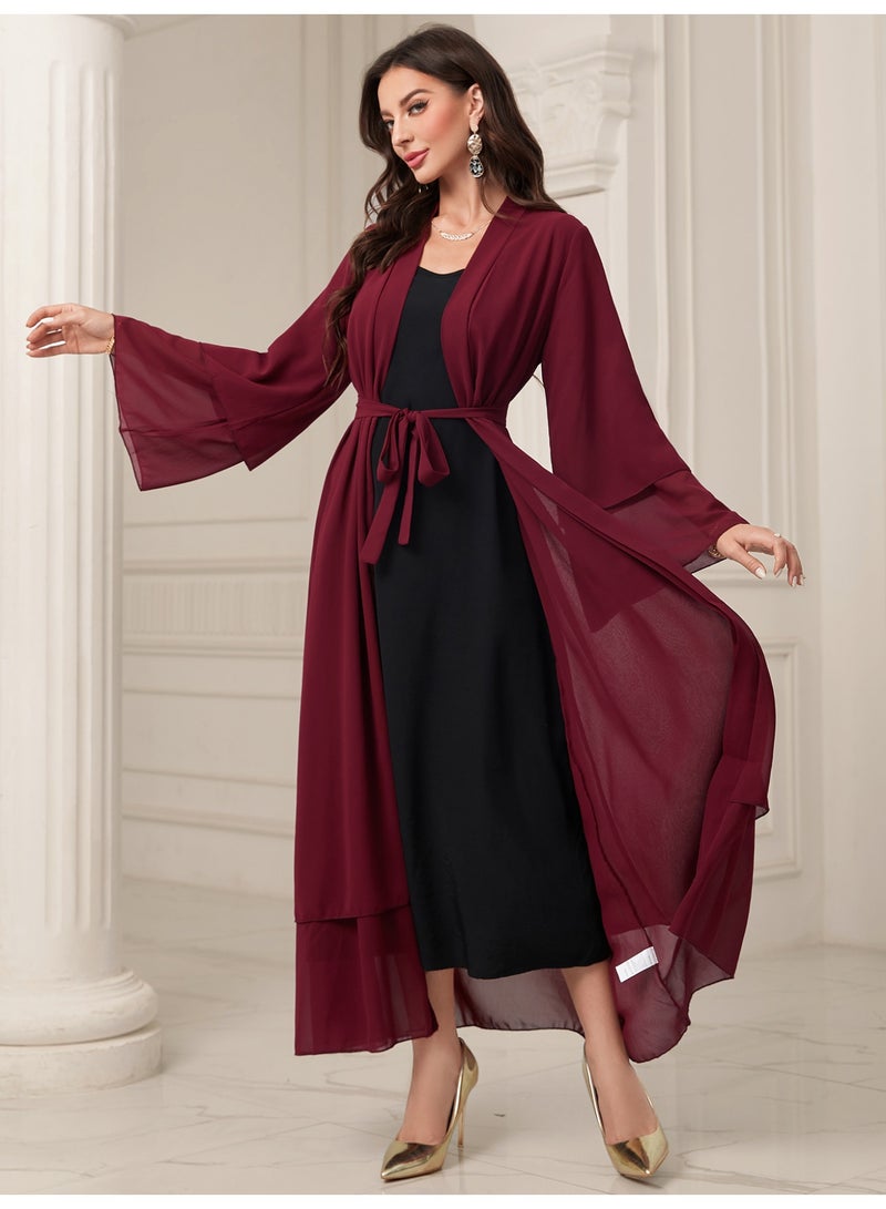 MSL4 Modest Abaya Double-Layer Chiffon Belted Open Front Ramadan - Image 5