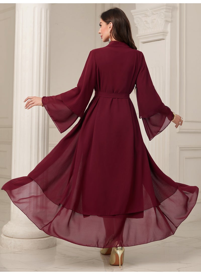 MSL4 Modest Abaya Double-Layer Chiffon Belted Open Front Ramadan - Image 4
