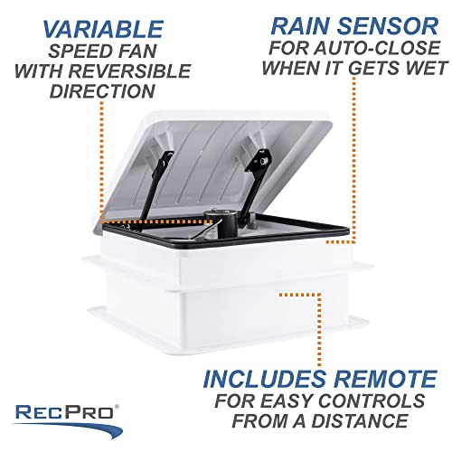 RecPro RV Roof Vent Fan Vento Deluxe 10 Speed with Rain Sensor | 12V | Remote Control | Garnish Ring Included (White) - Image 2