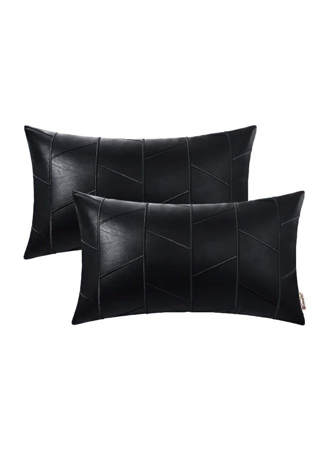 BRAWARM Faux Leather Pillow Covers 12 X 20 Inches, Black Leather Lumbar Pillow Covers Pack of 2, Geometric Embroidery Leather Decorative Throw Pillows for Living Room Couch Bed Sofa Home - Image 1