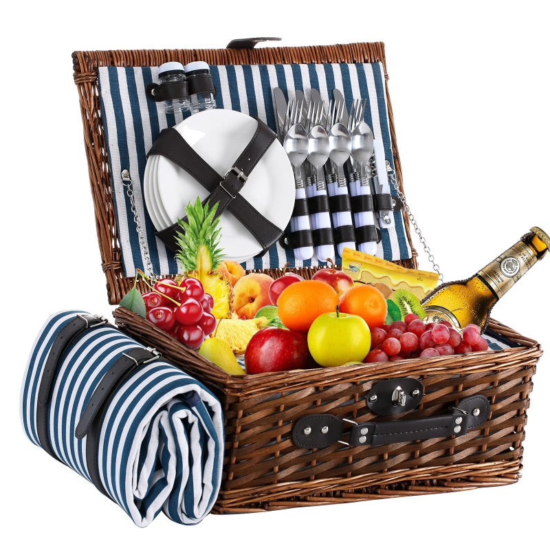 HYBDAMAI Picnic Basket for 4 with Waterproof Picnic Blanket and Insulated Cooler, Wicker Picnic Set, Willow Hamper for Camping, Outdoors, Photoshoot, or a Birthday, Mother's Day, Wedding Gift, Blue - Image 1
