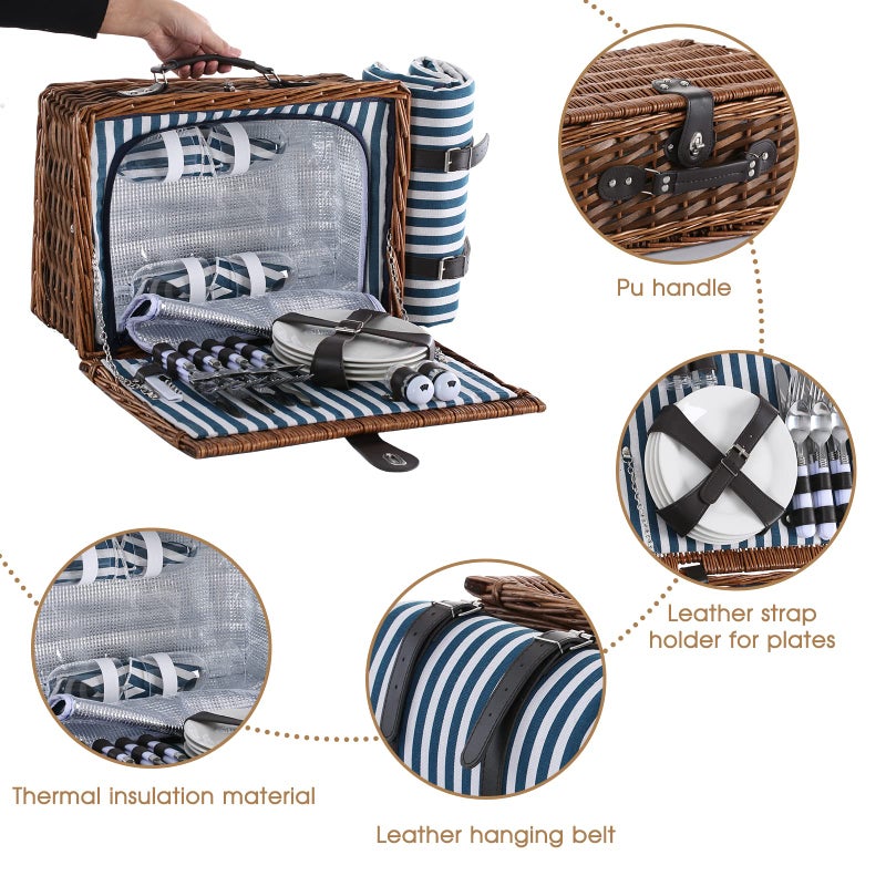 HYBDAMAI Picnic Basket for 4 with Waterproof Picnic Blanket and Insulated Cooler, Wicker Picnic Set, Willow Hamper for Camping, Outdoors, Photoshoot, or a Birthday, Mother's Day, Wedding Gift, Blue - Image 4