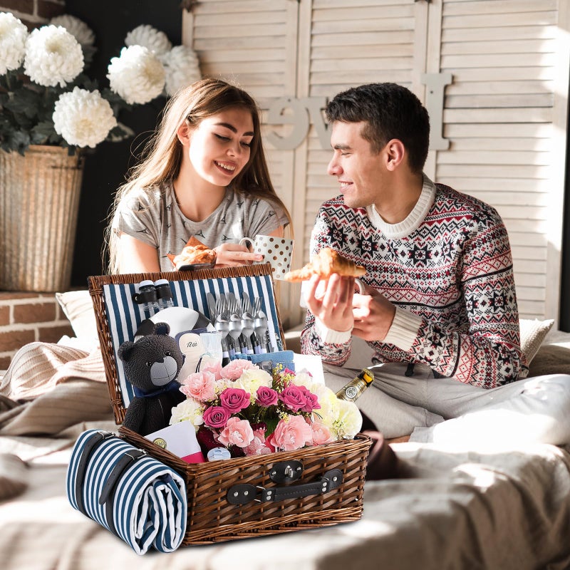 HYBDAMAI Picnic Basket for 4 with Waterproof Picnic Blanket and Insulated Cooler, Wicker Picnic Set, Willow Hamper for Camping, Outdoors, Photoshoot, or a Birthday, Mother's Day, Wedding Gift, Blue - Image 5