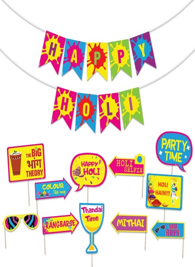 فيستيكو مجموعة زينة "هولي سعيد" من فيستيكو مع دعائم كشك التصوير (عبوة من 12 قطعة)، مستلزمات زينة هولي لحفلة هولي، زينة هولي، لافتة ملونة لحفلة هولي (مجموعة هولي 5) - Image 1