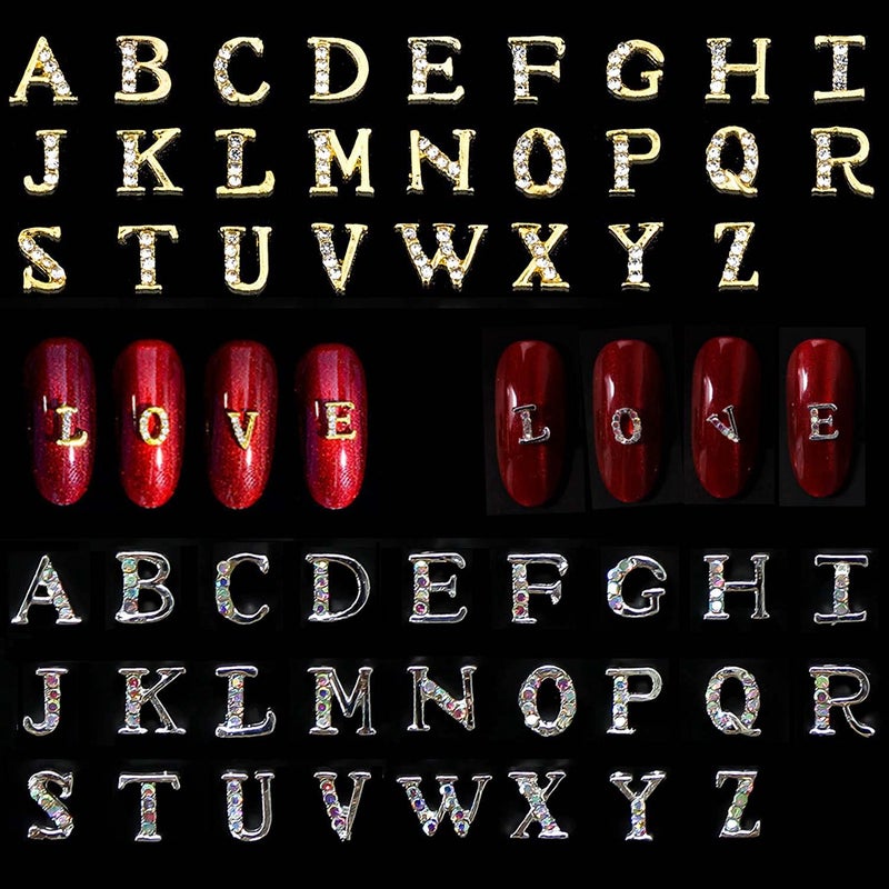 WOKOTO WOKOTO 52pcs Gold And Silver Nail Letter Charms For Nails Letter Nail Charms For Nail Art 3d Nail Art Charms Nail Gems Nail Jewels Set Letters For Nails 3d Letters Rhinestones For Nails