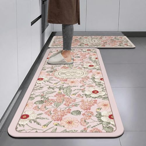 Home-Cloud HomeCloud Rubber Kitchen Mats for Floor Set of 2 Pcs|Non-Skid, Soft Absorbent Rugs for Kitchen, Laundry, and Hallway|120x40cm, 40x60cm| 4mm Thickness (Mconhe_Pink_Flower) - Image 1