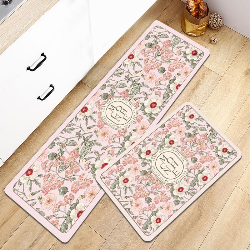 Home-Cloud HomeCloud Rubber Kitchen Mats for Floor Set of 2 Pcs|Non-Skid, Soft Absorbent Rugs for Kitchen, Laundry, and Hallway|120x40cm, 40x60cm| 4mm Thickness (Mconhe_Pink_Flower) - Image 2