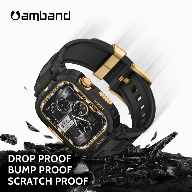 amBand Compatible with Apple Watch Series 11/10 46mm Bands Case for Men, M1 Sport Rugged Heavy Duty Cover Tactical Strap Military Protector Bumper for iWatch Workout Accessories 46 mm - Black Gold - Image 3