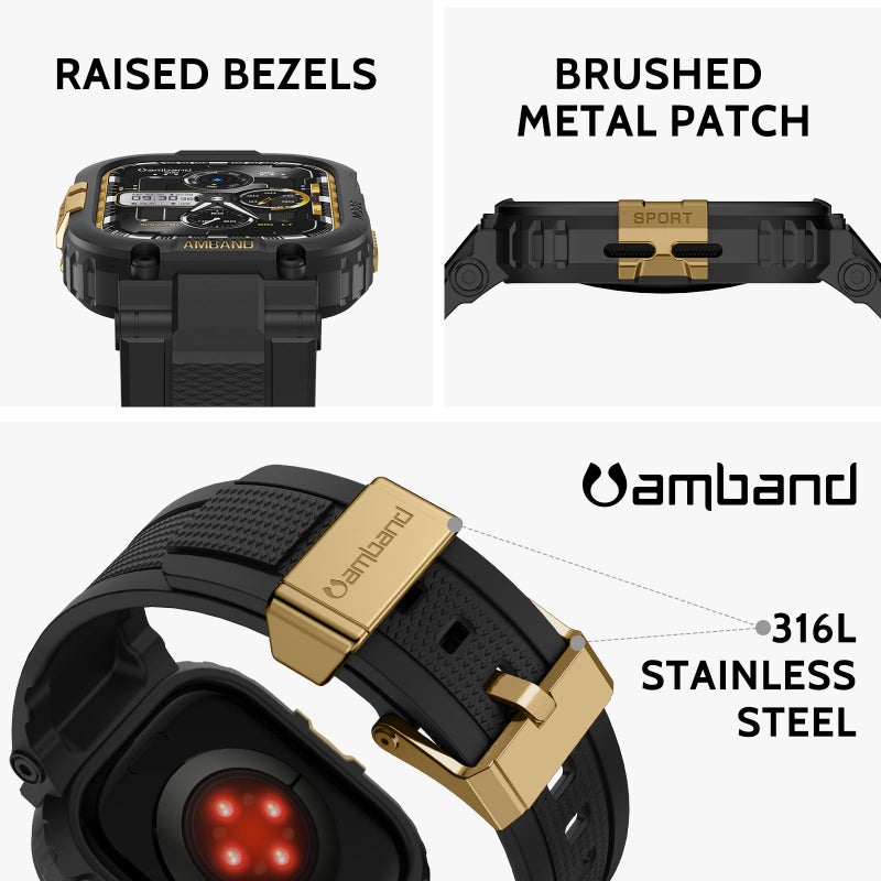 amBand Compatible with Apple Watch Series 11/10 46mm Bands Case for Men, M1 Sport Rugged Heavy Duty Cover Tactical Strap Military Protector Bumper for iWatch Workout Accessories 46 mm - Black Gold - Image 2