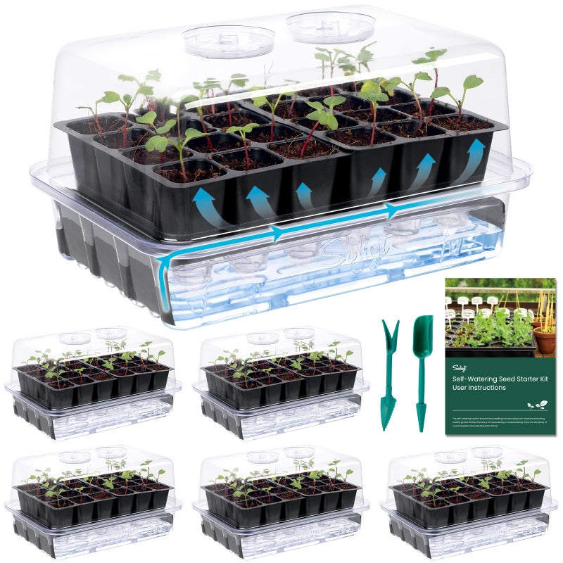 SOLIGT Self Watering Seed Starter Trays with Humidity Domes, Extra Thick Plastic Seed Starter kit for Seed Starting, Plant Germination & Seedling Growing, 6 Pack 144 Cells - Image 1