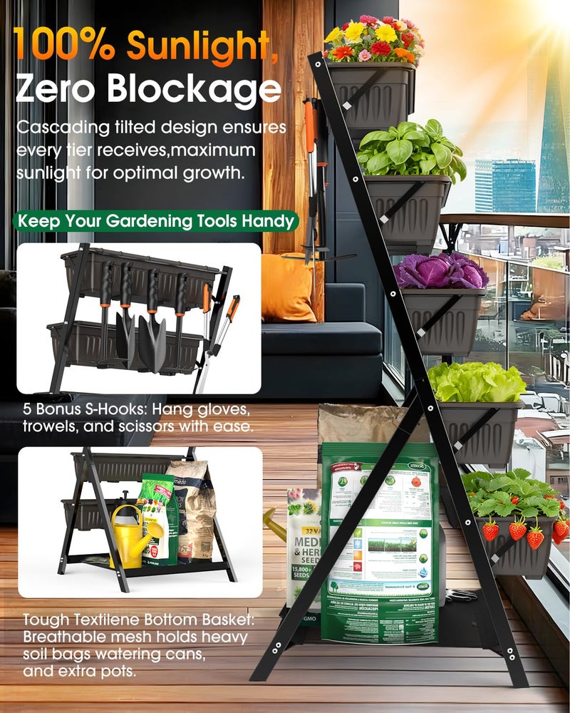Olaiti 5-Tier Vertical Garden Bed Planter Boxes with Drainage System & Storage Space, Freestanding Vertical Garden Planter with 5 S-Hooks for Plants Vegetables Flowers Herbs in Garden Patio Yard - Image 3