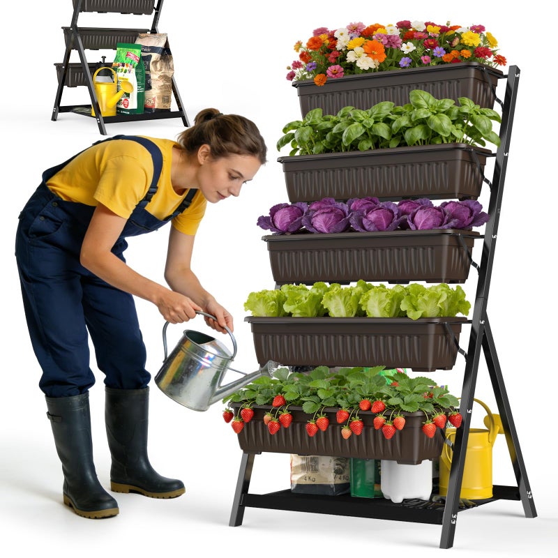 Olaiti 5-Tier Vertical Garden Bed Planter Boxes with Drainage System & Storage Space, Freestanding Vertical Garden Planter with 5 S-Hooks for Plants Vegetables Flowers Herbs in Garden Patio Yard - Image 1