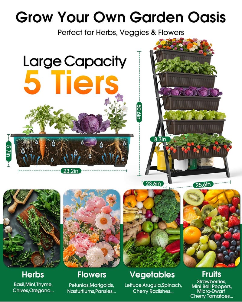 Olaiti 5-Tier Vertical Garden Bed Planter Boxes with Drainage System & Storage Space, Freestanding Vertical Garden Planter with 5 S-Hooks for Plants Vegetables Flowers Herbs in Garden Patio Yard - Image 2