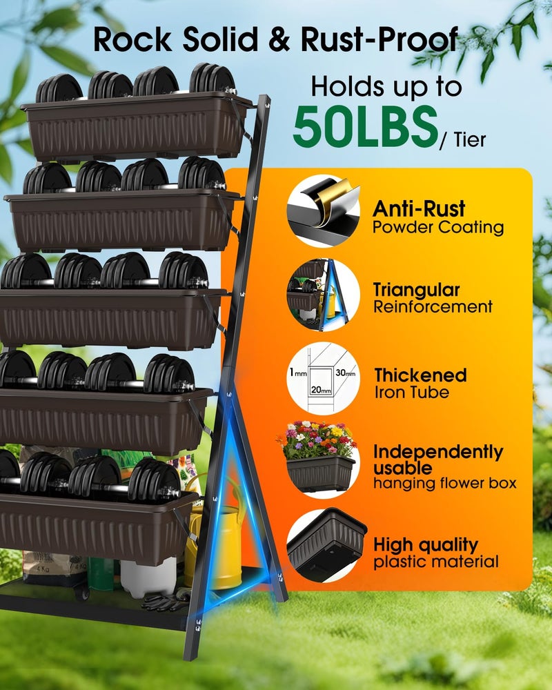 Olaiti 5-Tier Vertical Garden Bed Planter Boxes with Drainage System & Storage Space, Freestanding Vertical Garden Planter with 5 S-Hooks for Plants Vegetables Flowers Herbs in Garden Patio Yard - Image 5