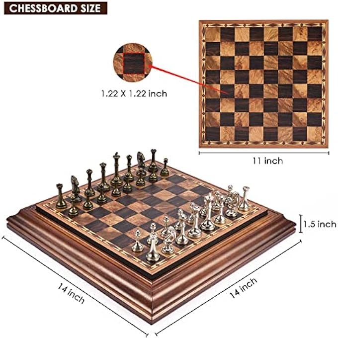 AMEROUS 14 inches Wooden Chess Set with Metal Chess Pieces  25 KingStorage for ChessmenGift PackageInstructionsClassic Board Game - Image 3