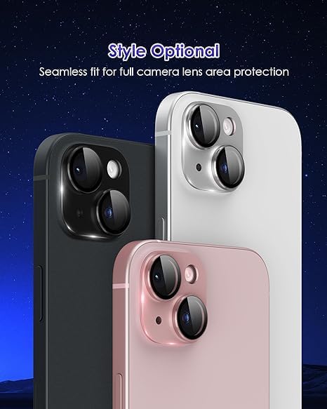 KEKOZE Camera Lens Protector Compatible With iPhone 15 and iPhone 15 Plus � Full Coverage 9H Tempered Glass with Metal Plate, HD Clear, Joint Camera Ring Protector - Silver - Image 2