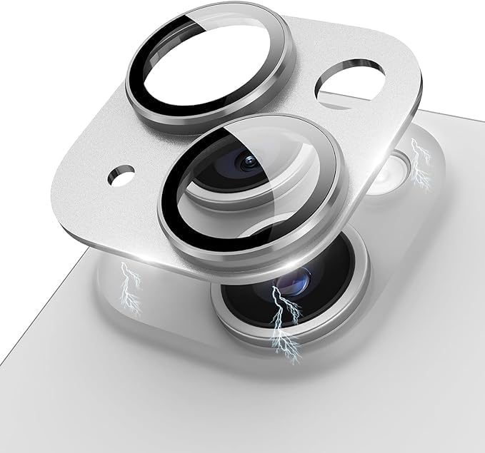 KEKOZE Camera Lens Protector Compatible With iPhone 15 and iPhone 15 Plus � Full Coverage 9H Tempered Glass with Metal Plate, HD Clear, Joint Camera Ring Protector - Silver - Image 1