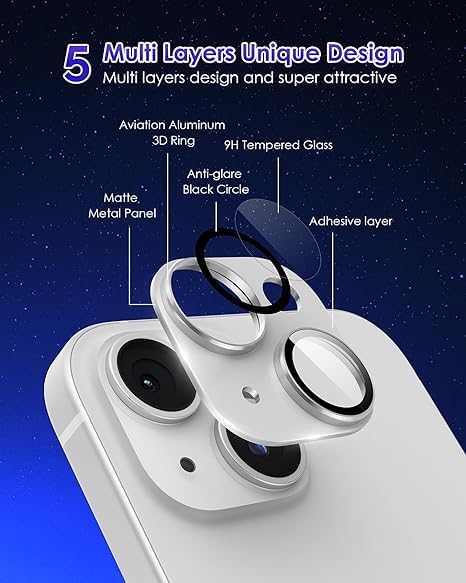 KEKOZE Camera Lens Protector Compatible With iPhone 15 and iPhone 15 Plus � Full Coverage 9H Tempered Glass with Metal Plate, HD Clear, Joint Camera Ring Protector - Silver - Image 4