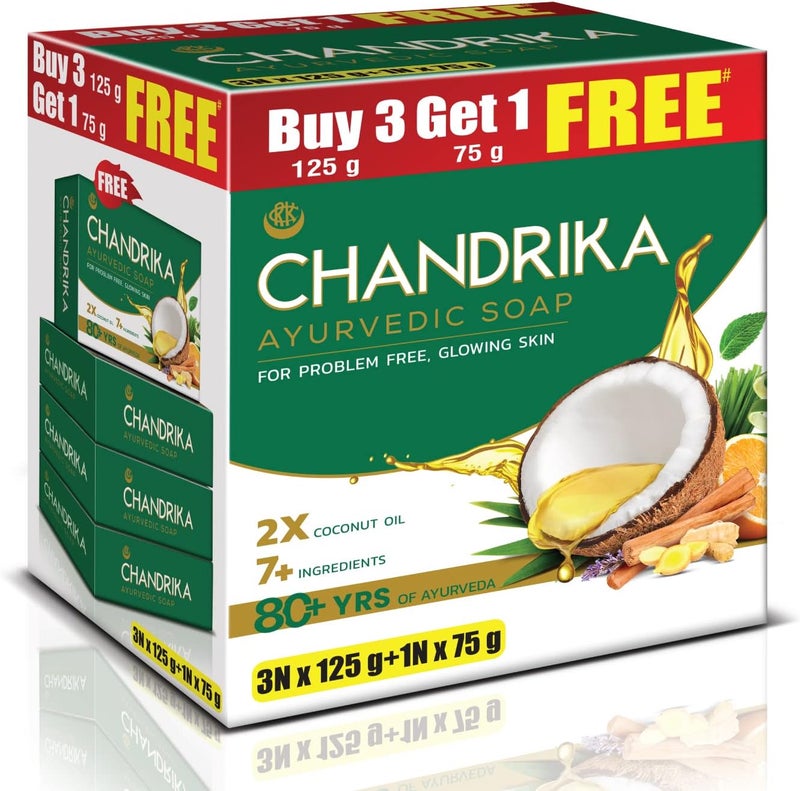 Chandrika Ayurvedic Soap - Buy 3 Get 1 Free, 4 Soaps (3 x 125g + 1 x 75g) for Glowing Skin - Image 1