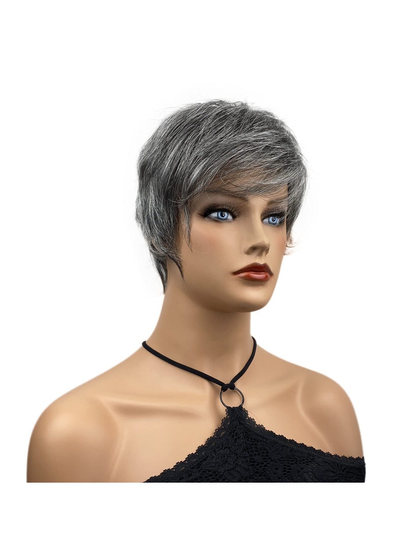Wiginway - Wiginway Short Straight Layered Wigs Soft Fiber Hair Air Bangs Full Synthetic Wigs (#51 Off Black Mixed Gray) - Image 1