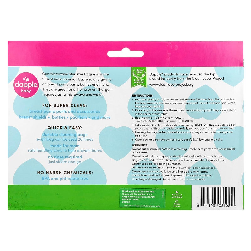 Dapple Baby Microwave Sterilizer Bags, Reusable for Breast Pump Parts & Baby Bottle, 20 Uses Per Bag, Great for Travel & Office, 8 Count (Pack of 1) - Image 2