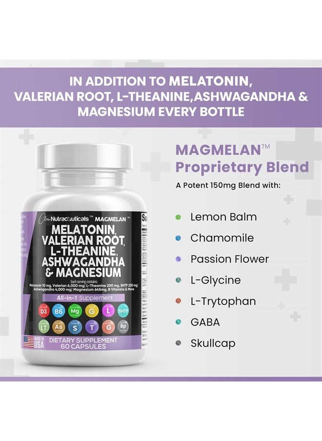 Clean Nutraceuticals - Melatonin 10mg Valerian Root 6000mg L Theanine 200mg Ashwagandha 4000mg - Sleep Support for Women & Men with Magnesium Complex, Lemon Balm, Chamomile, & Passion Flower - 60 Caps - Image 1