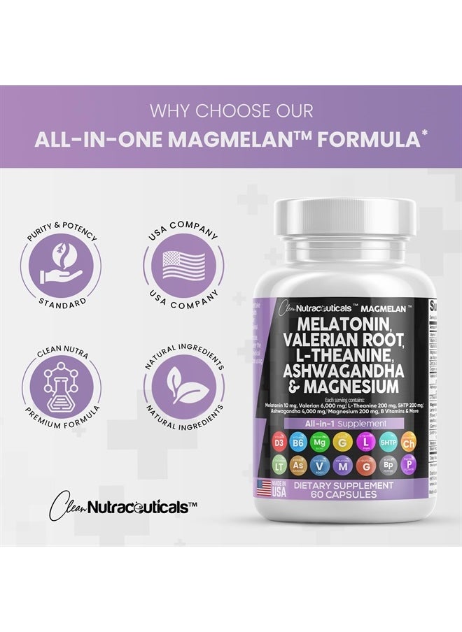 Clean Nutraceuticals - Melatonin 10mg Valerian Root 6000mg L Theanine 200mg Ashwagandha 4000mg - Sleep Support for Women & Men with Magnesium Complex, Lemon Balm, Chamomile, & Passion Flower - 60 Caps - Image 1