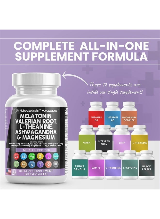 Clean Nutraceuticals - Melatonin 10mg Valerian Root 6000mg L Theanine 200mg Ashwagandha 4000mg - Sleep Support for Women & Men with Magnesium Complex, Lemon Balm, Chamomile, & Passion Flower - 60 Caps - Image 1