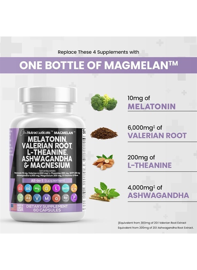 Clean Nutraceuticals - Melatonin 10mg Valerian Root 6000mg L Theanine 200mg Ashwagandha 4000mg - Sleep Support for Women & Men with Magnesium Complex, Lemon Balm, Chamomile, & Passion Flower - 60 Caps - Image 1