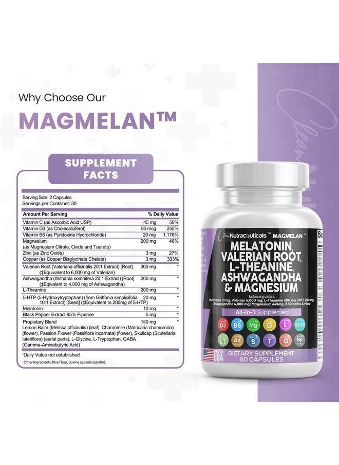 Clean Nutraceuticals - Melatonin 10mg Valerian Root 6000mg L Theanine 200mg Ashwagandha 4000mg - Sleep Support for Women & Men with Magnesium Complex, Lemon Balm, Chamomile, & Passion Flower - 60 Caps - Image 1
