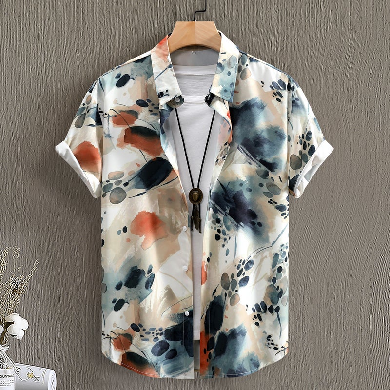 Fashion mens digital printing four-sided mens short sleeve shirt mens shirt summer 2024 new cross-border exclusive CZ125 ink lotus root 
