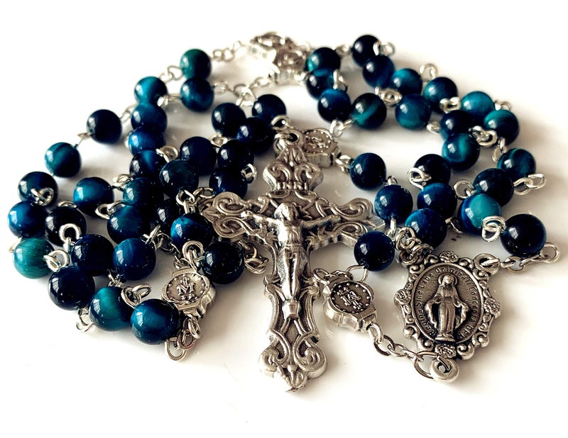 elegantmedical Handmade Blue Tiger Eye Beads Our Lady of Grace Rosary Cross Necklace Catholic Gifts