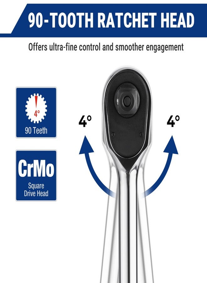 ووركبرو مفتاح ربط WORKPRO منخفض الارتفاع بقطر 1/2 بوصة، مفتاح ربط سريع الفك بـ 90 سنًا، قابل للعكس، مصنوع من 40Cr (ما يعادل SAE 5140)، رأس محرك منخفض الارتفاع من CR-MO، مصقول بالكامل، هدايا للرجال - Image 3