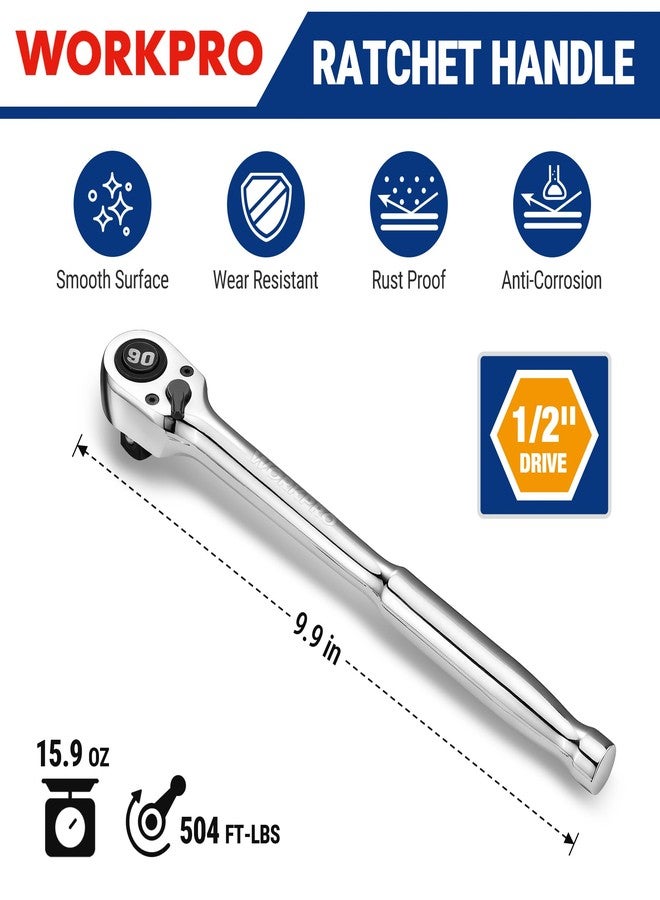 ووركبرو مفتاح ربط WORKPRO منخفض الارتفاع بقطر 1/2 بوصة، مفتاح ربط سريع الفك بـ 90 سنًا، قابل للعكس، مصنوع من 40Cr (ما يعادل SAE 5140)، رأس محرك منخفض الارتفاع من CR-MO، مصقول بالكامل، هدايا للرجال - Image 2
