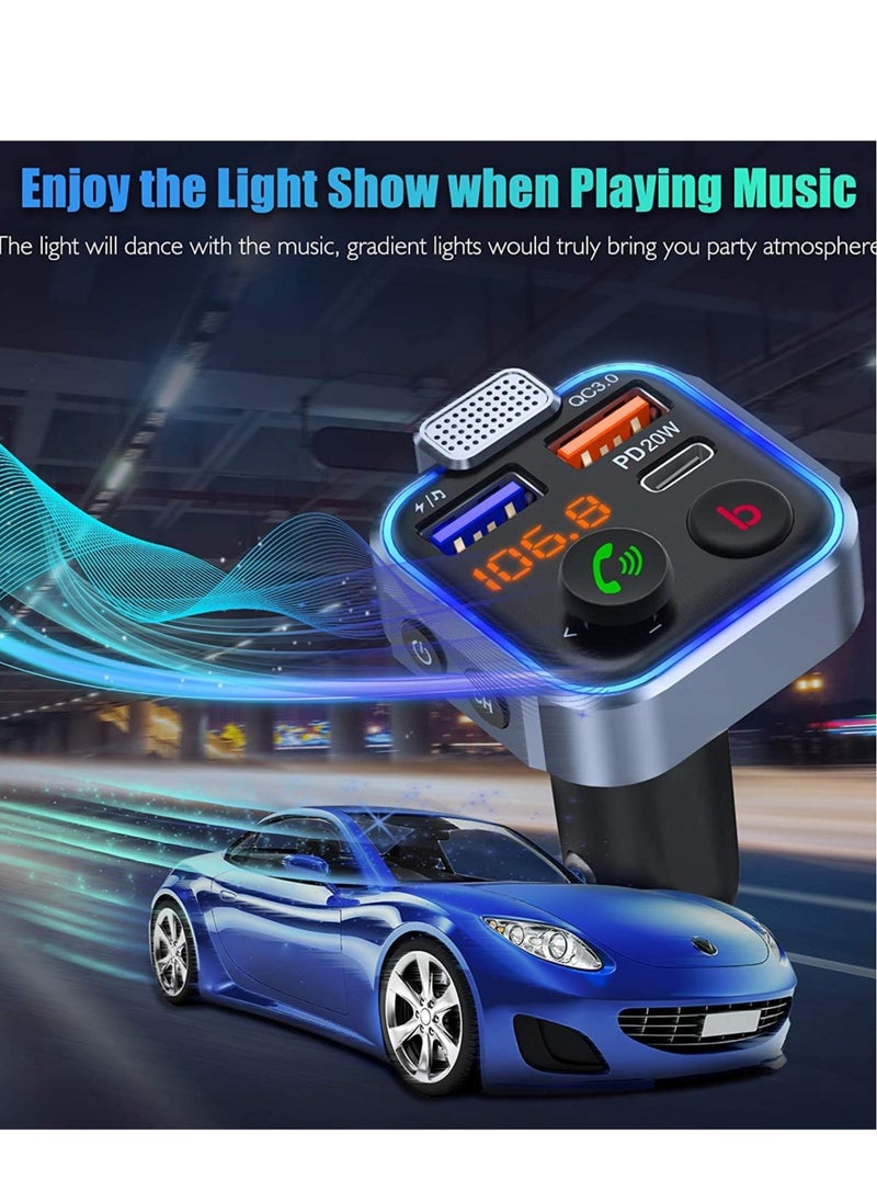 New Design Car FM Transmitter, Wireless Bluetooth 5.0 Radio Adapter Car Kit, PD3.0 Type C 20W+QC3.0 Car Fast Charger, Hands Free Calling, Bass Lossless Hi-Fi Sound Support U Disk