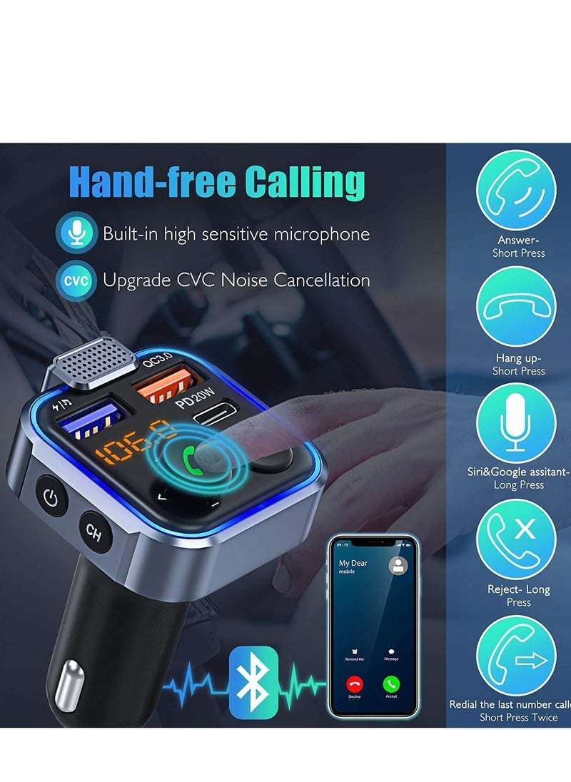 New Design Car FM Transmitter, Wireless Bluetooth 5.0 Radio Adapter Car Kit, PD3.0 Type C 20W+QC3.0 Car Fast Charger, Hands Free Calling, Bass Lossless Hi-Fi Sound Support U Disk