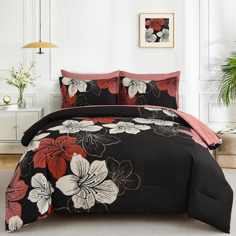 Luxudecor Floral Comforter Set Queen Size 7 Pieces Bed in a Bag Red Floral Comforter and Sheet Set Soft Microfiber Complete Bedding Sets for All Seasons