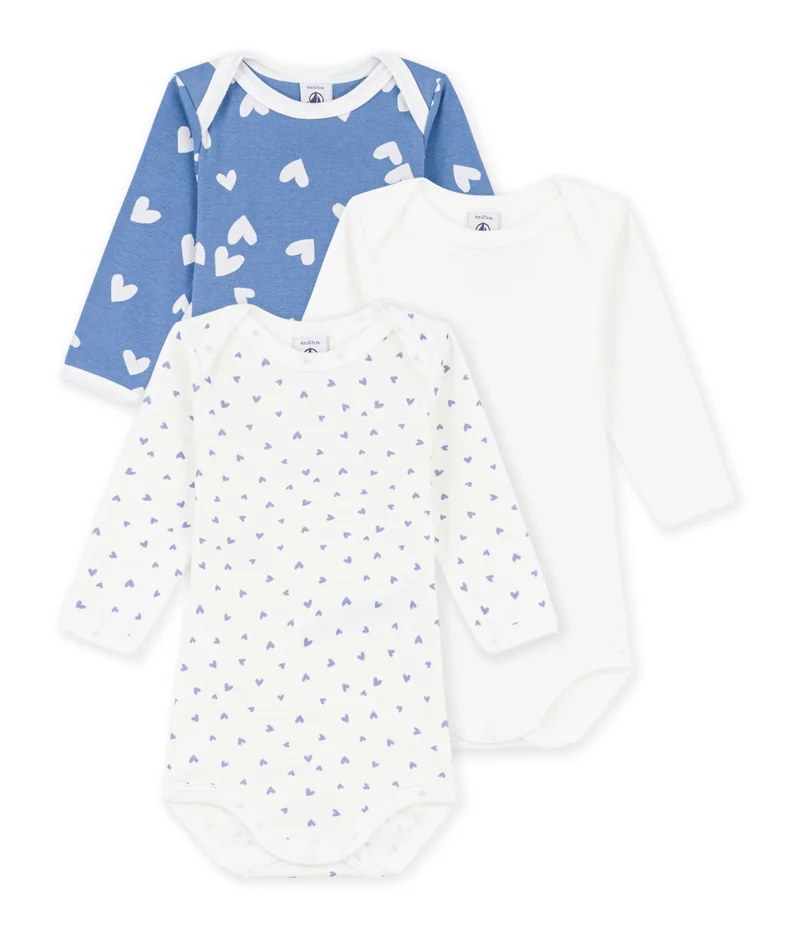 Petit Bateau Pack Of Long-Sleeved Heart Print Cotton Bodies For Babies
