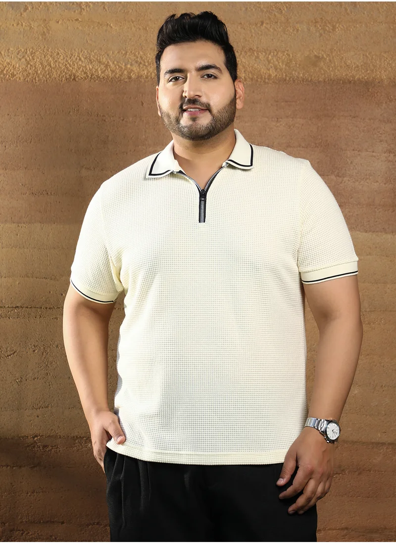 Instafab Plus Instafab Plus Men's Cream White Micro-Waffle Polo T-Shirt For Casual Wear | Polo Neck | Short Cuffed Sleeves | Half-Zip Closure | Plus Size T-Shirt Crafted With Comfort Fit For Everyday Wear
