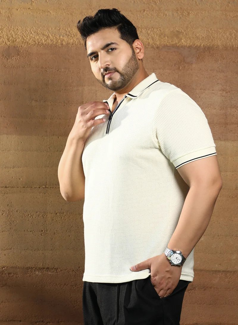 Instafab Plus Instafab Plus Men's Cream White Micro-Waffle Polo T-Shirt For Casual Wear | Polo Neck | Short Cuffed Sleeves | Half-Zip Closure | Plus Size T-Shirt Crafted With Comfort Fit For Everyday Wear