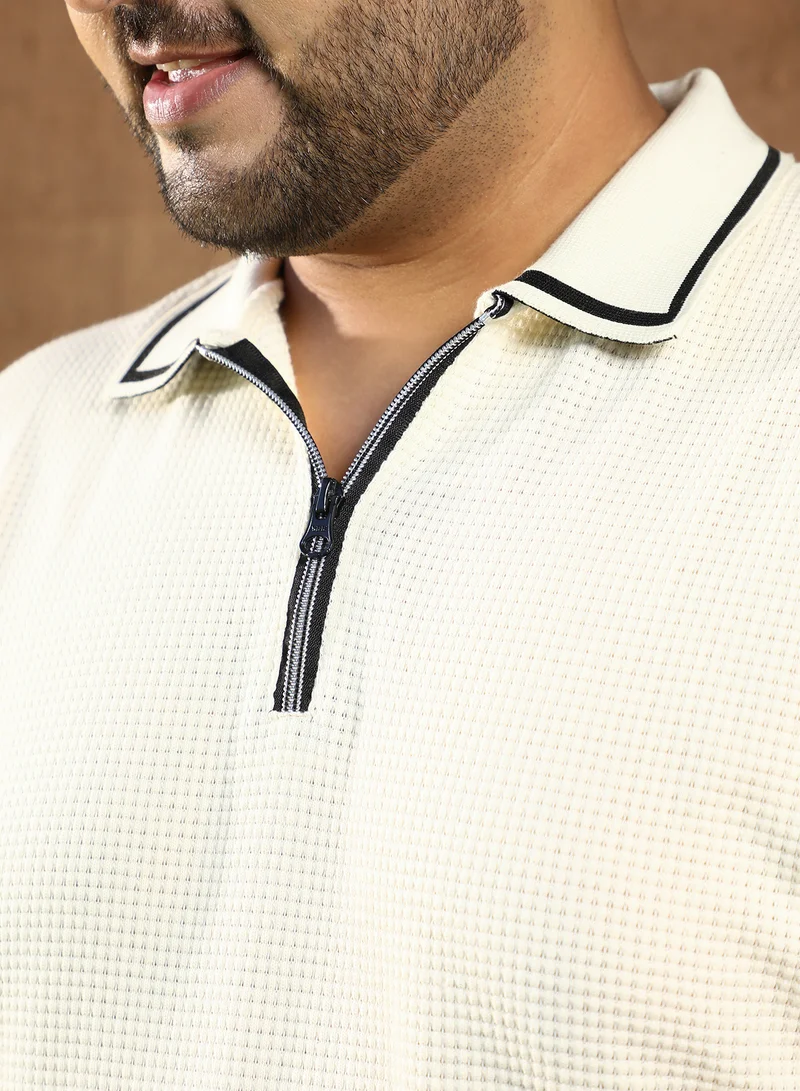 Instafab Plus Instafab Plus Men's Cream White Micro-Waffle Polo T-Shirt For Casual Wear | Polo Neck | Short Cuffed Sleeves | Half-Zip Closure | Plus Size T-Shirt Crafted With Comfort Fit For Everyday Wear