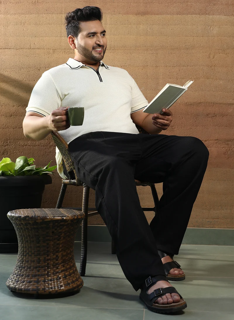 Instafab Plus Instafab Plus Men's Cream White Micro-Waffle Polo T-Shirt For Casual Wear | Polo Neck | Short Cuffed Sleeves | Half-Zip Closure | Plus Size T-Shirt Crafted With Comfort Fit For Everyday Wear