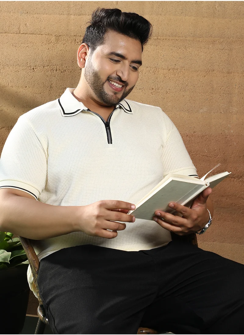 Instafab Plus Instafab Plus Men's Cream White Micro-Waffle Polo T-Shirt For Casual Wear | Polo Neck | Short Cuffed Sleeves | Half-Zip Closure | Plus Size T-Shirt Crafted With Comfort Fit For Everyday Wear