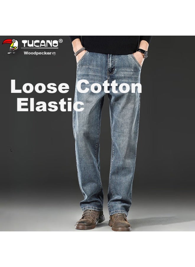Tucano Men's Straight-leg Jeans, Casual Pants For Spring And Summer, Loose-fitting Elastic Wide-leg Trousers, Blue-gray, Size 32 - Image 1
