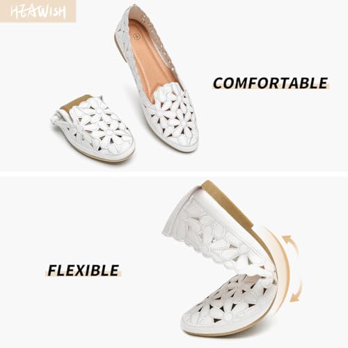 HEAWISH Women's Floral Ballet Flats for Women Black Beige Slip On Flowers PU Leather Round Toe Dress Shoes(White,US8.5) - Image 3