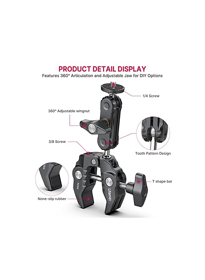 Ulanzi Super Clamp Camera Clamp Mount Monitor 360° Ballhead Magic Arm Double Ball Head Adapter with 1/4"-20 & 3/8"-16 Thread for Canon Nikon DSLR Camera/LED Lights/Ronin-M/Ronin MX/Freefly MOVI - Image 2